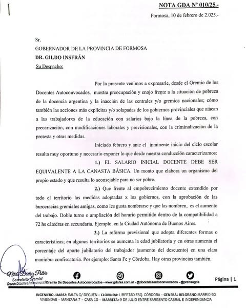Autoconvocados pidió a Gildo Insfrán un millón de pesos para el salario inicial docente