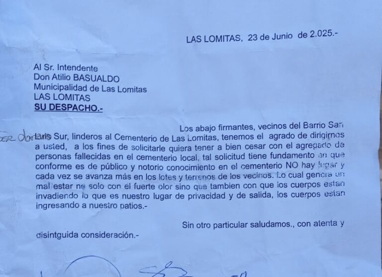 Reclaman a Basualdo el cese de entierros en el cementerio de Las Lomitas