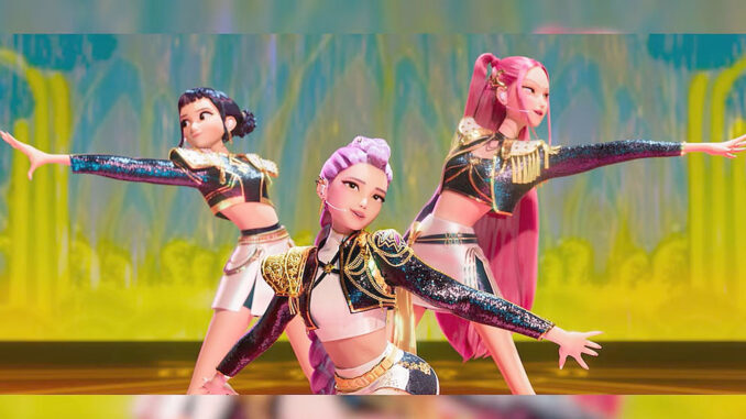 Póster promocional de KPop Demon Hunters con las integrantes del grupo HUNTR/X
